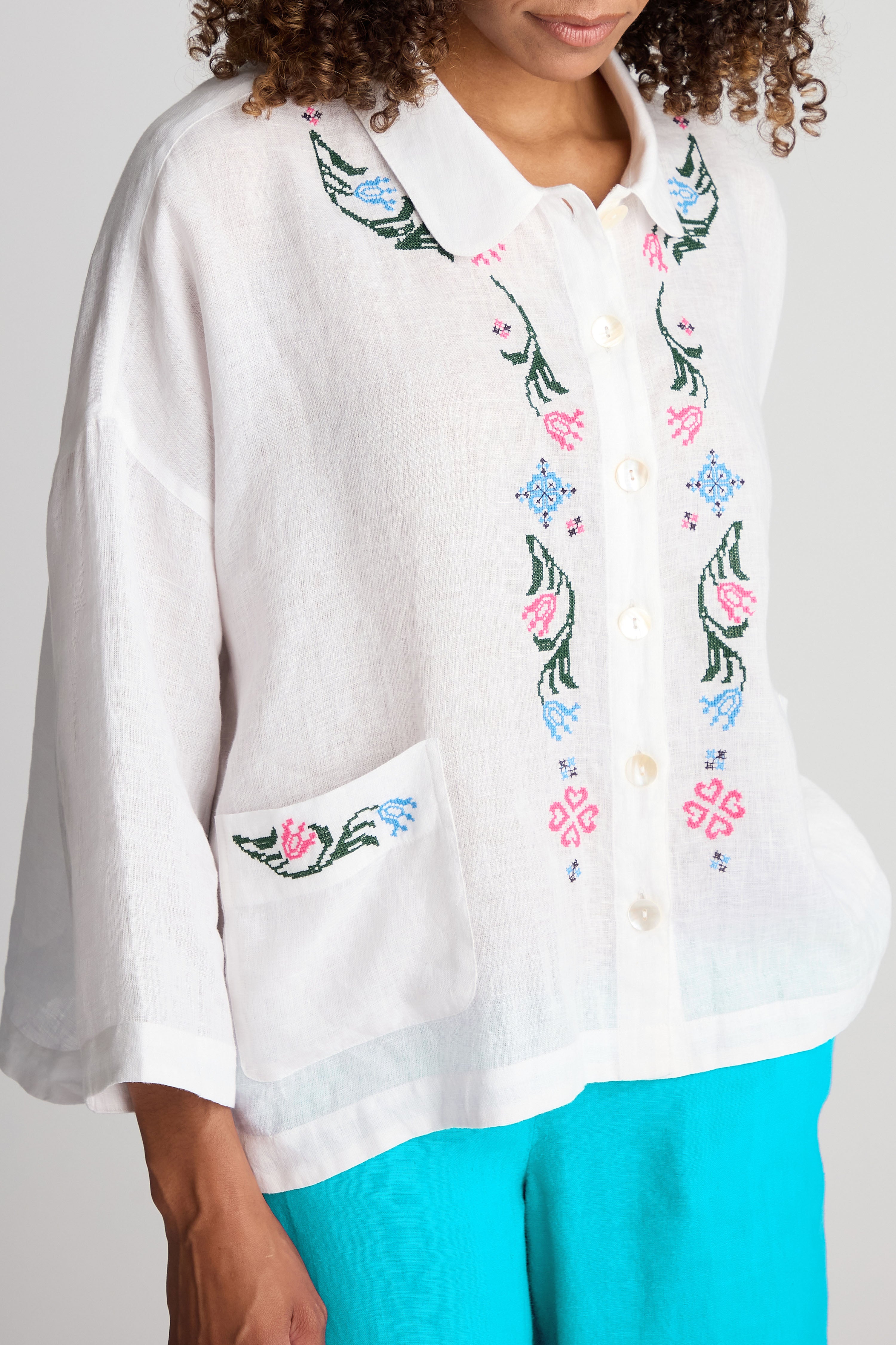 Cross Stitch Embroidered Shirt - Ivory