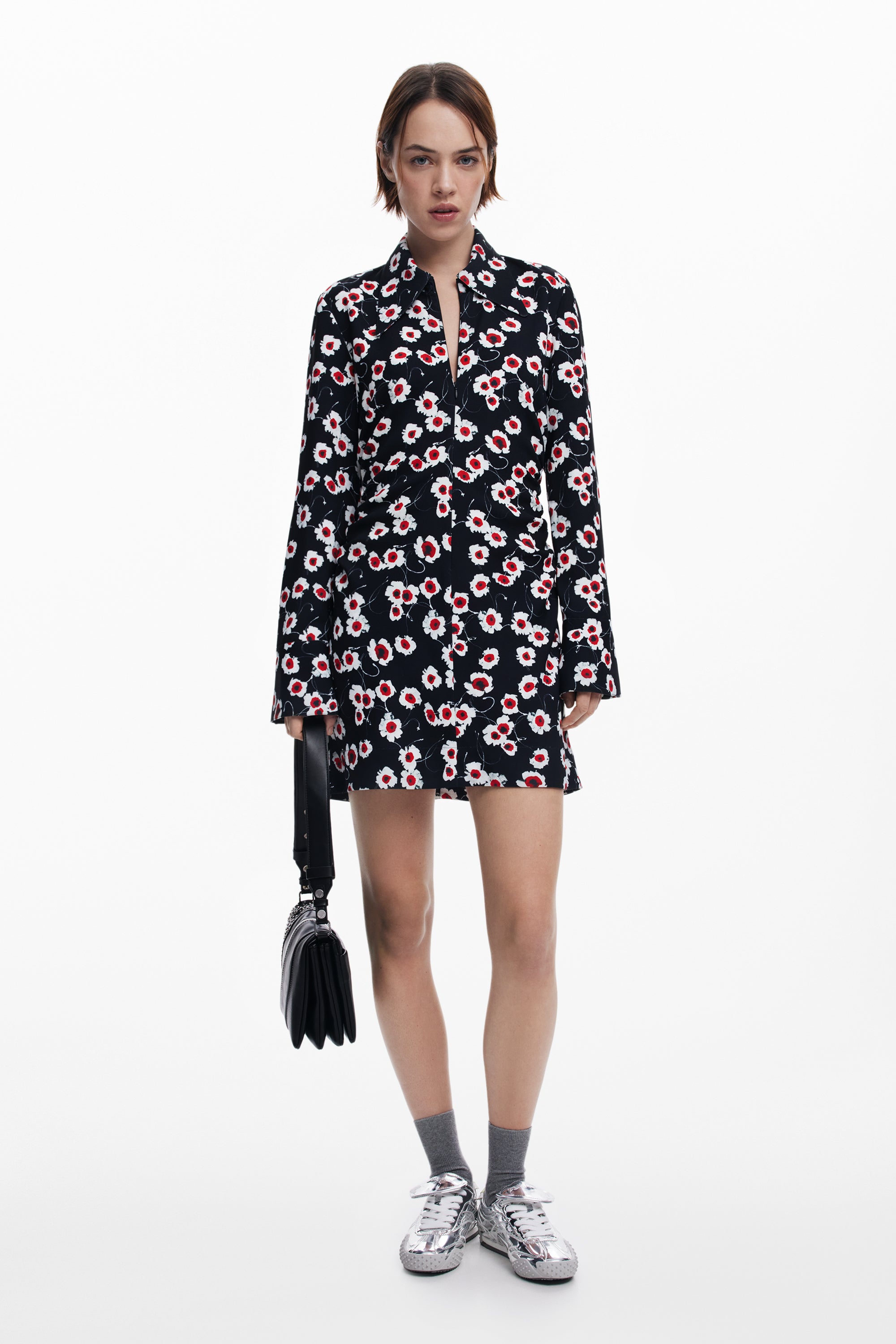 Flower Print Zip Dress - Black