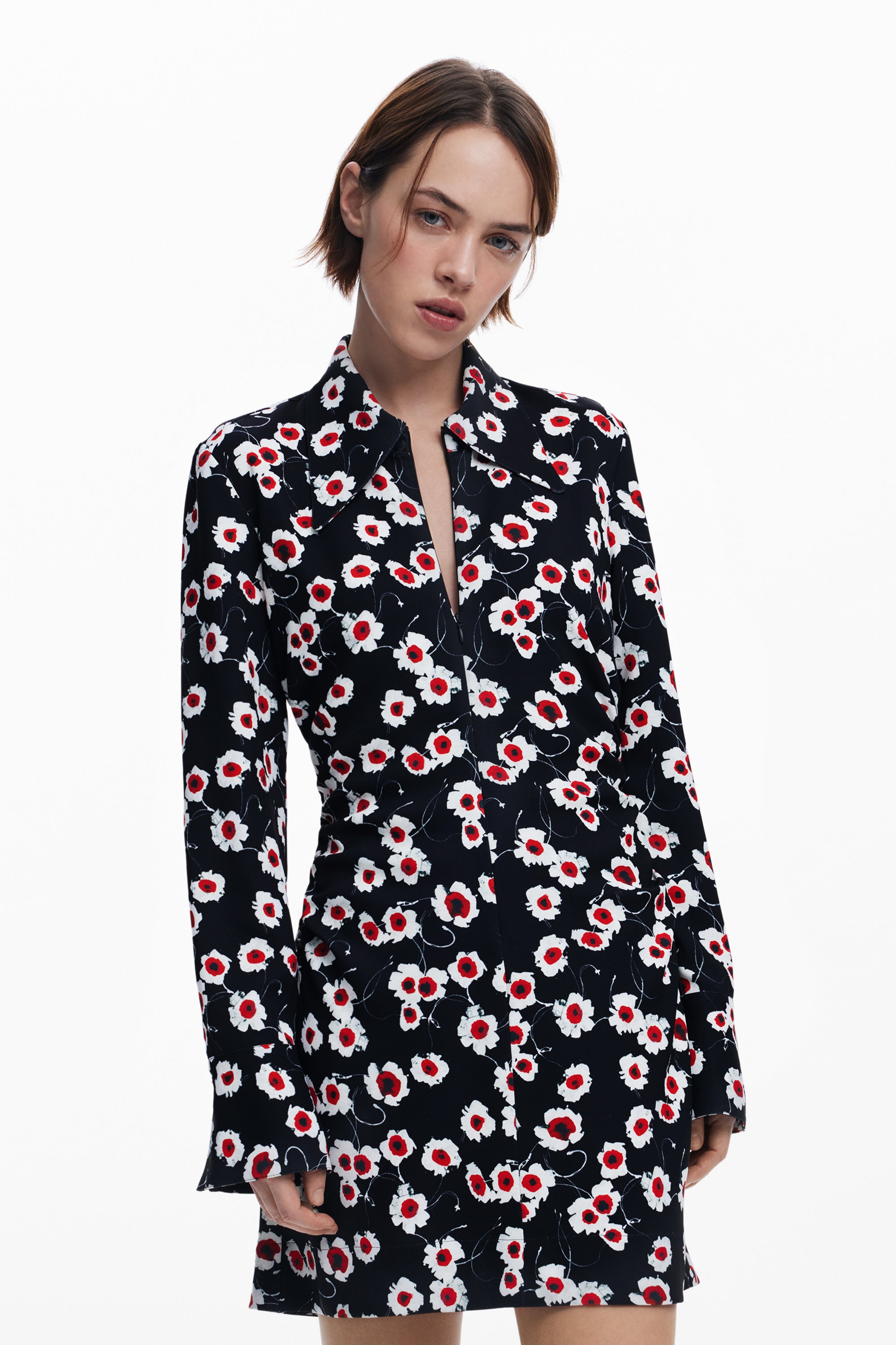 Flower Print Zip Dress - Black
