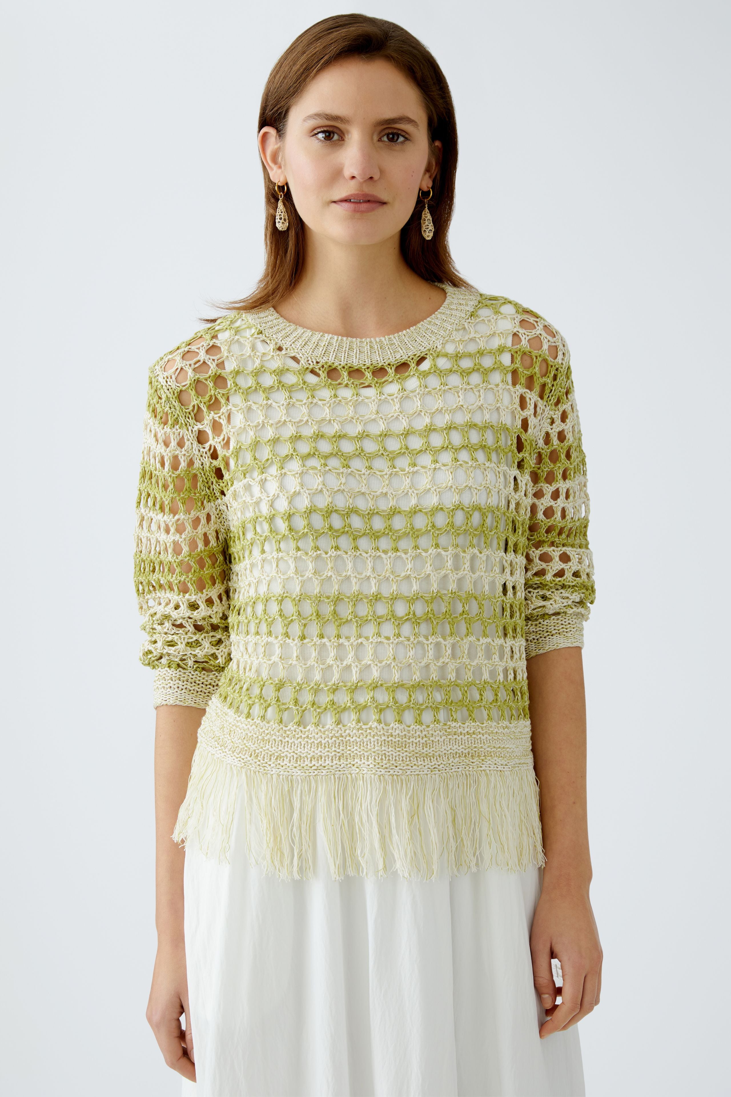 Crochet Fringed Jumper - Green/White