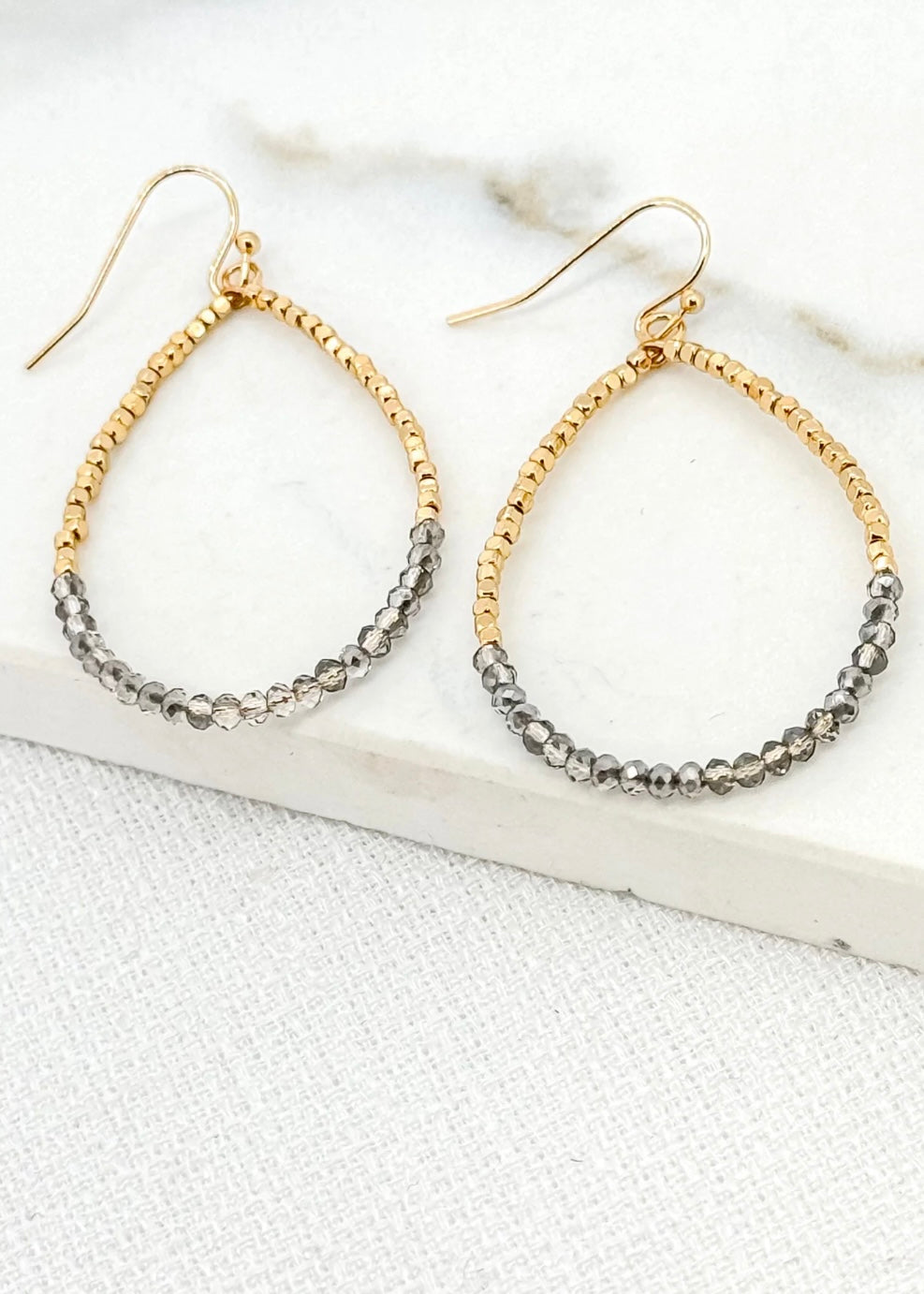 Teardrop Beaded Earrings - Gold & Grey