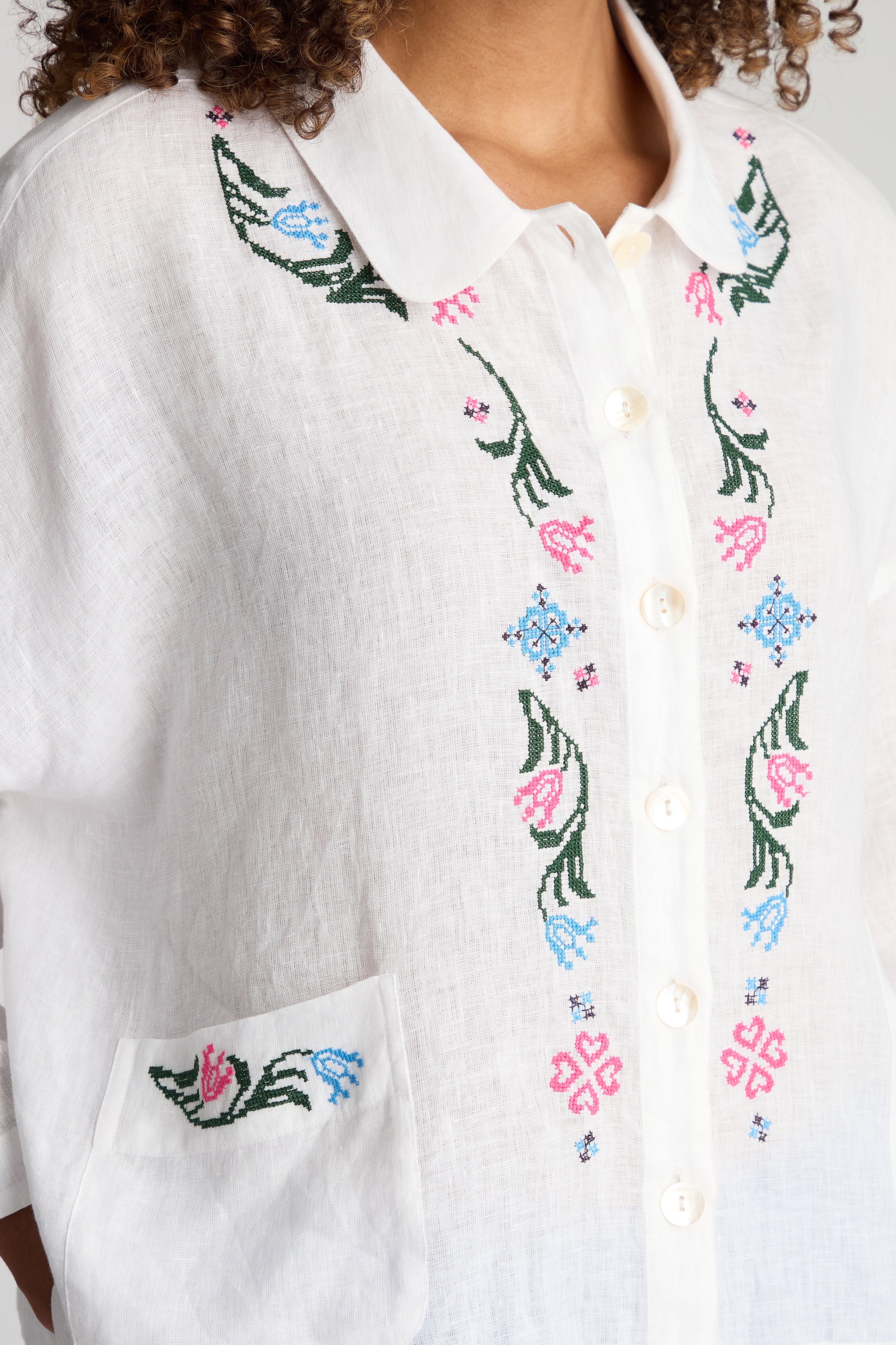 Cross Stitch Embroidered Shirt - Ivory
