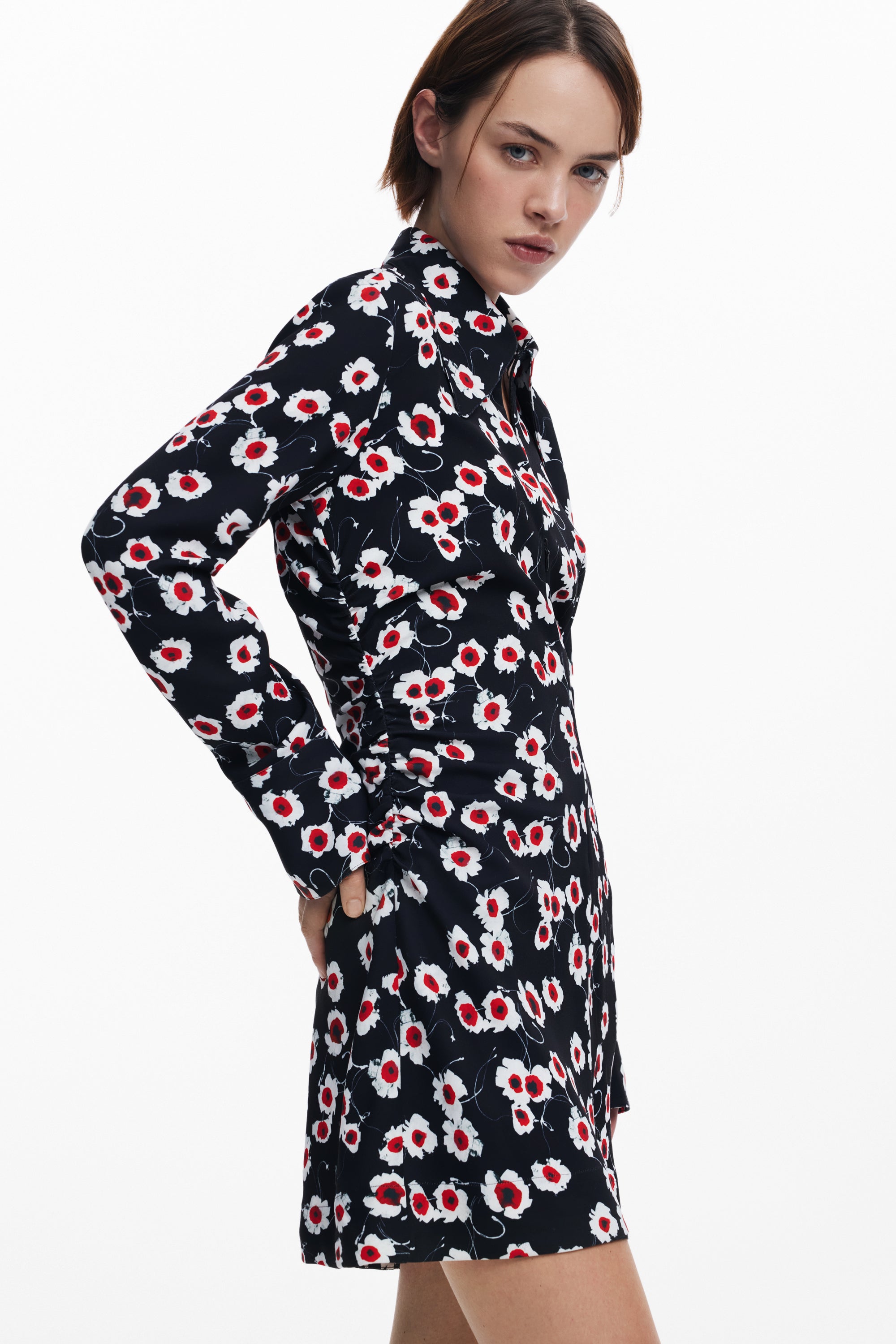 Flower Print Zip Dress - Black
