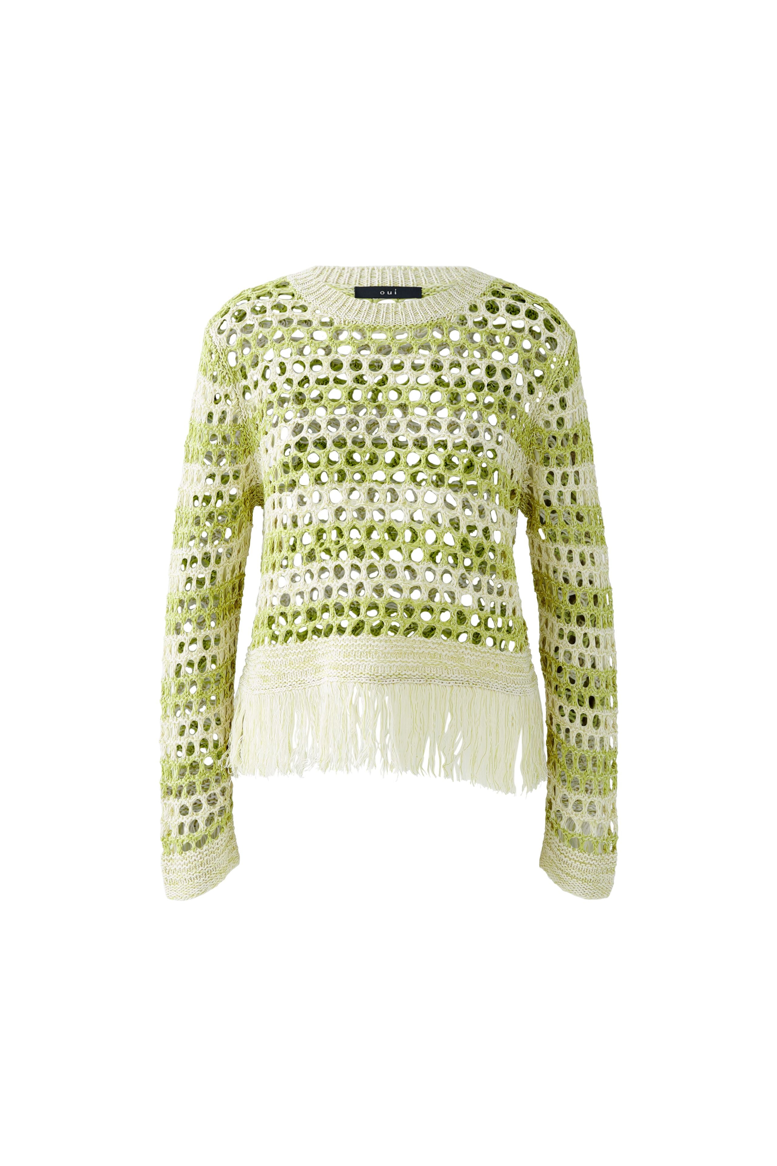 Crochet Fringed Jumper - Green/White