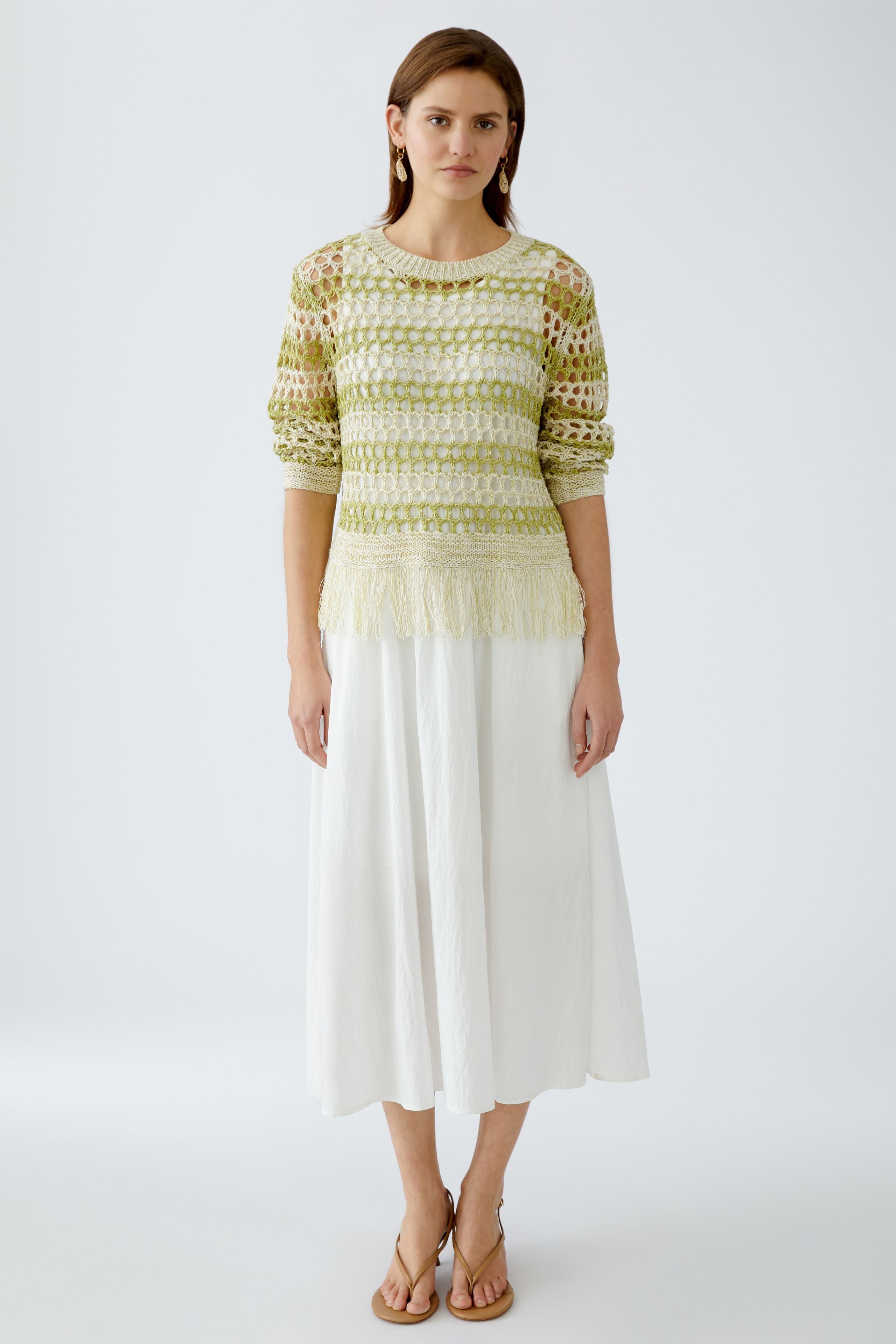 Crochet Fringed Jumper - Green/White